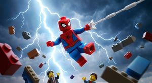An epic LEGO Spider-Man striking a highly dynamic action pose, showcasing his iconic superpowers and wearing his signature suit, with col...