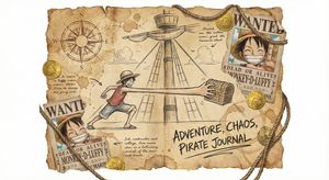 A worn-out captain’s sailing log. A sketch depicting Luffy stretching his rubber arm to grab a treasure chest, forming a triangle with th...