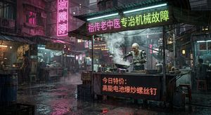 A highly cinematic scene depicting an 80s-style Chinese roadside stall located in a future cyberpunk slum. Neon tubes flicker with glitch...