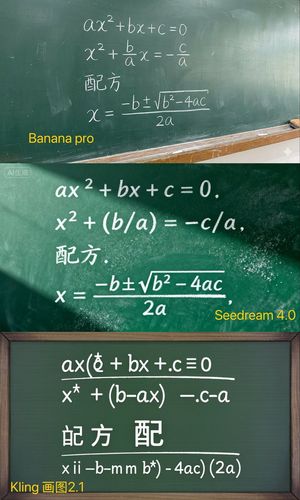 A close-up photo of a green chalkboard. The correct derivation steps of the quadratic formula are written in white chalk. First line: ax^...