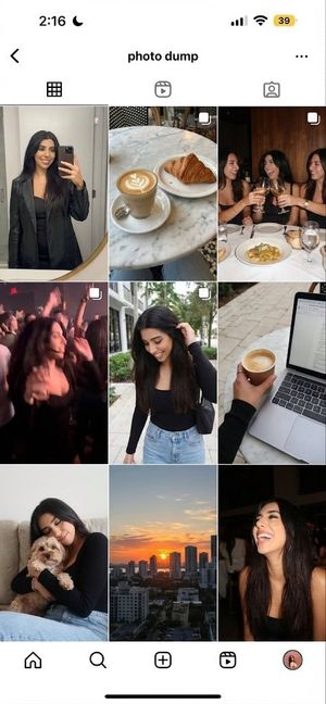 Generate a 9-image ‘photo dump’ grid of this person’s weekend: a mirror selfie, a café shot, friends at dinner, a blurry party photo, a w...