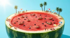 A cross-sectional view of a giant watermelon. The red flesh is actually a swimming pool filled with red water. The black watermelon seeds...