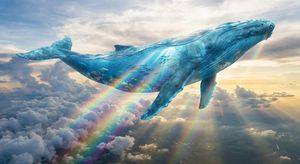 At golden hour, a huge, semi-transparent blue whale swims through a sea of white, fluffy clouds. The whale’s body is made of seawater, an...