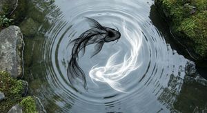 Two koi fish swim in the water, forming a perfect yin-yang Taiji pattern. One fish is made of black ink-like smoke, and the other is comp...