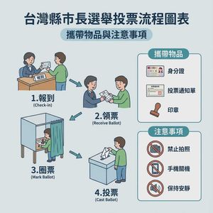 A flowchart of the voting process and important notes for Taiwan county and city mayor elections, in Traditional Chinese, in an illustrat...