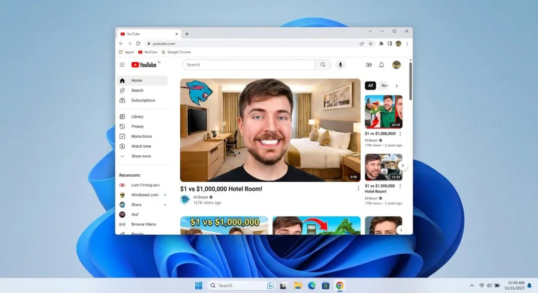 带有 Chrome 浏览器和 YouTube 上 MrBeast 视频的 Windows 11 桌面