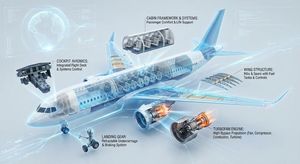 Create a highly technological 3D cutaway infographic designed to show the internal structure and operating principles of a modern commerc...