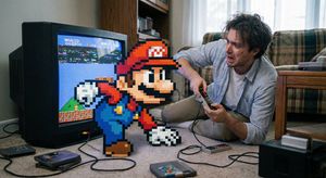 A pixelated video game character is trying to climb out of the TV screen into the living room. A real human player is frantically using a...