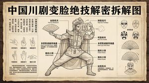 Generate a deconstruction and explanation diagram of the Chinese Sichuan opera face-changing technique. The Chinese fonts must not be dis...