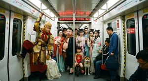 A crowded Beijing subway car, but all the passengers are mythological figures (such as Sun Wukong, Zhu Bajie, etc.). On the rolling displ...