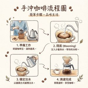 Please draw a flowchart for hand-drip coffee with simple explanations. The style should be like a Japanese fashion/lifestyle magazine, bu...