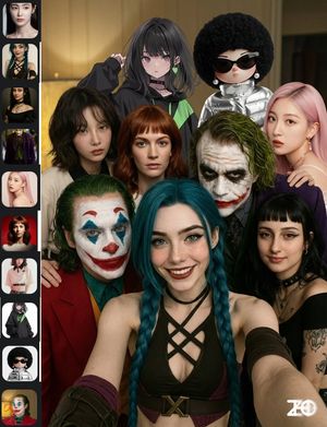 All the characters are taking a selfie together.

Author: -Zho-
Source: https://x.com/ZHO_ZHO_ZHO/status/1991554657253216677