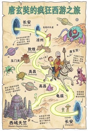 Generate an image to illustrate the route of Tang Xuanzang traveling from Chang'an to the Western Regions to obtain scriptures, using Chi...
