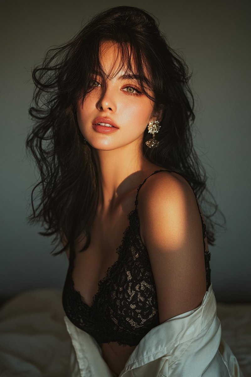 身穿黑色蕾丝连衣裙的女士在黄金时段的肖像