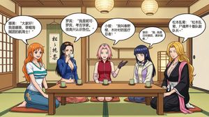 Help me generate a compilation story featuring female characters from anime, including Nami, Robin, Sakura, Hinata, Rangiku Matsumoto, in...