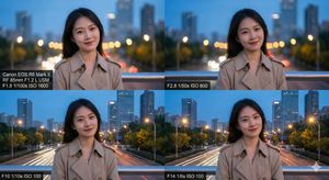 Using a Canon camera with an 85mm prime lens, generate the effect of gradually changing apertures at F1.8, F2.8, F10, and F14, with a gen...