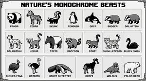 A 16-bit pixel art poster showcasing all the black and white animals of nature. The composition uses a neat grid layout, reminiscent of a...