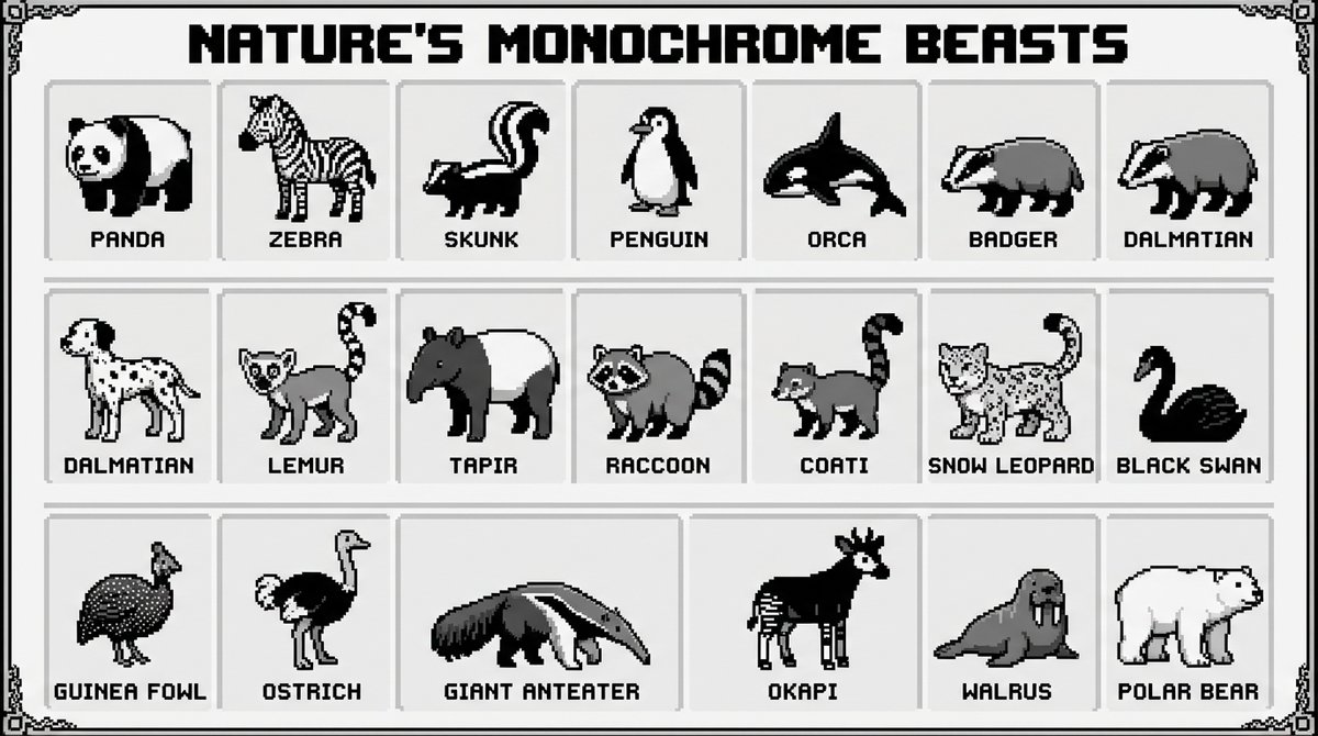16-bit pixel art poster of black-and-white animals - Image 1