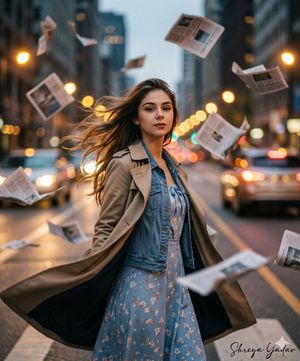 High-fashion cinematic editorial portrait, medium shot. A subject facing the camera caught in a chaotic windstorm on a metropolitan stree...