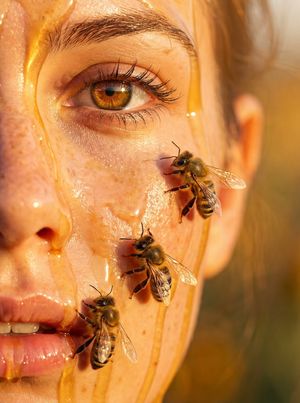 Hyper-realistic ultra closeup portrait of a young woman’s face covered in thick golden honey, viscous honey streams dripping from her for...