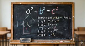 Generate an image of a classroom blackboard with the Pythagoras theorem being solved step by step.

Author: Heisenberg
Source: https://x....