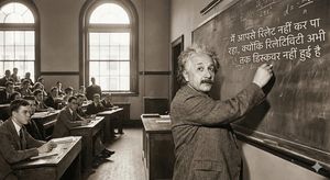 a realistic, slightly cinematic scene of albert einstein teaching a class at mit in the early 20th century. show him at a large chalkboar...