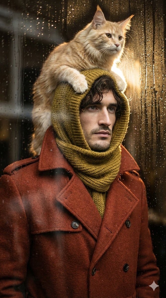 戴着兜帽围巾、头顶猫咪的低角度男子