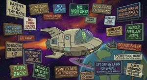Create an image of a cartoon still from a futurama-like show about the future where a spaceship floats in front of like 29 signs telling ...