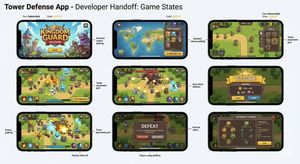 Create an image that is a design of a tower defense mobile app displayed on an iPhone in landscape mode. Make it a 3x2 grid of iPhones ea...