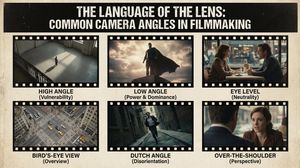 Create a poster that visually explains the most common camera angles in filmmaking, with clear labels and examples for each angle, cinema...