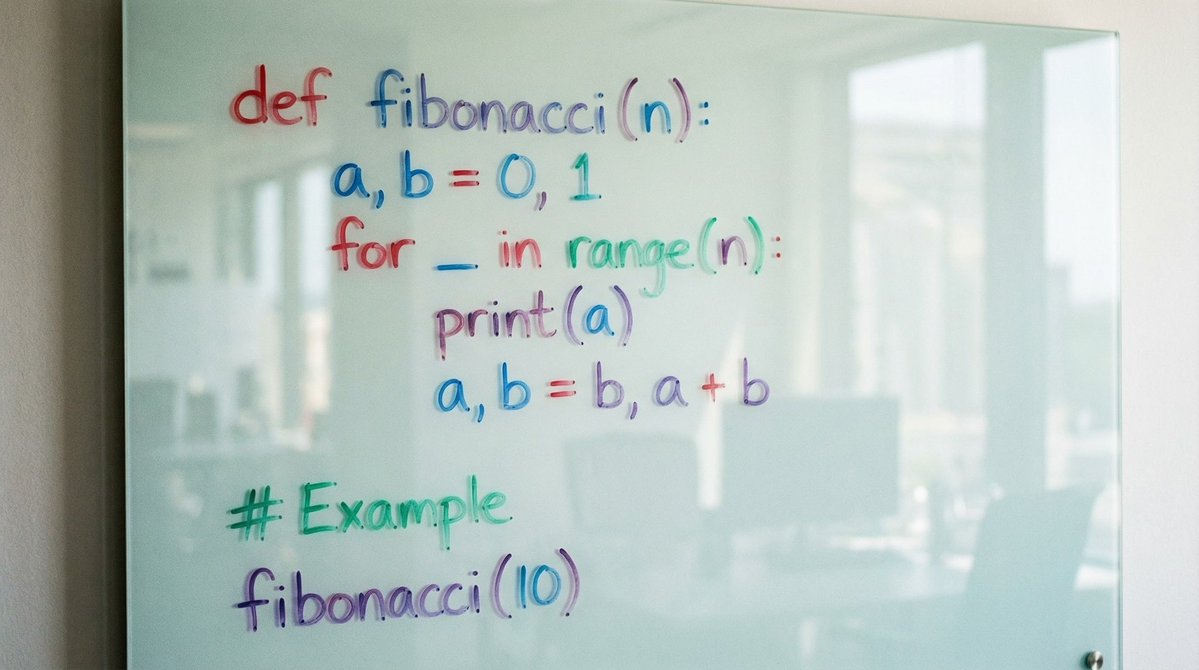 Python Fibonacci code on glass whiteboard - Image 1