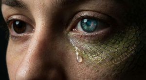 Ultra-close-up of a human-alien hybrid face expressing quiet sorrow: detailed hybrid features like scaled skin blending into human pores,...