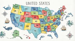 a full map of the US with all states labeled with their abbreviations (in watercolor style & creative illustrations)

Author: Kaushik Shi...