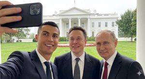 Cristiano Ronaldo taking a selfie with Elon Musk and Vladimir Putin, all three wearing suits and standing in front of the White House. Th...