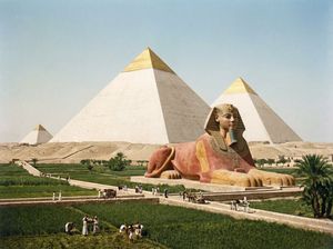 a photo of the pyramids and sphinx, but how they looked when they were originally built, the sphinx's face is perfect

Author: fofr
Sourc...