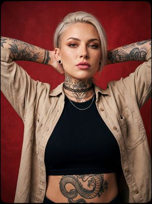 A bold, alternative-style young woman in her mid-20s with a powerful, confident attitude. She has a half-shaved undercut hairstyle: one s...
