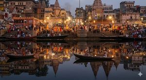 a richly detailed night scene of the varanasi ghats during the evening aarti, captured from a viewpoint directly across the ganges. the t...
