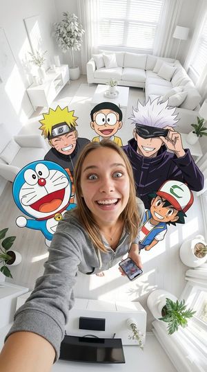 9/16 vertical format fisheye selfie of an ultra-realistic woman from a photo with [Doraemon, Naruto, Nobita, Satoru Gojo, Sung Jin, who i...