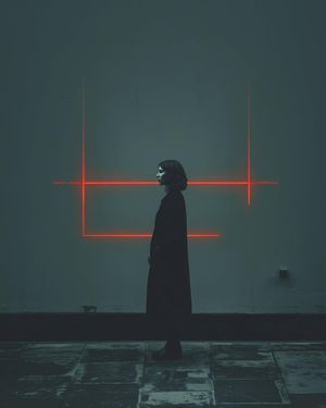 {
"A lone woman standing in a dark, foggy urban environment, silhouetted against a glowing red neon rectangular frame. Moody teal and ...