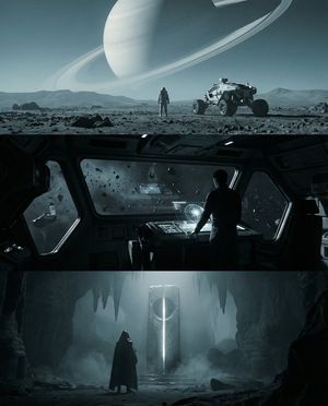 Create a triptych of three 2.39:1 shots in a 4:5 composition. Cinematic shots, science fiction, atmospheric, shot by Roger Deakins, imax,...