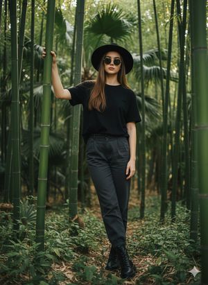 {
  "prompt": "Hyper-realistic environmental portrait of a stylish young woman standing in a dense tropical bamboo forest. She is wearing...