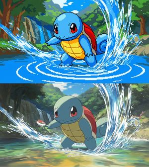 from scratch, recreate the entire scene including the water splashes and background as low res pixel art

Author: proper
Source: https://...