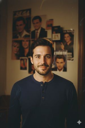 Create a 90s style portrait of the same man as in the reference photo, keeping his exact facial features and expression. The image should...