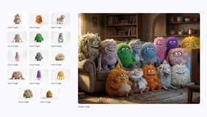 A medium shot of the 14 fluffy characters sitting squeezed together side-by-side on a worn beige fabric sofa and on the floor. They are a...