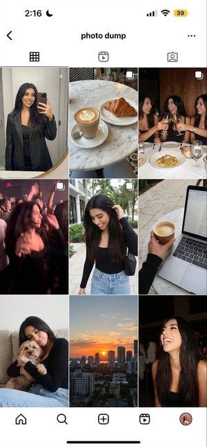 Generate a 9-image ‘photo dump’ grid of this person’s weekend: a mirror selfie, a café shot, friends at dinner, a blurry party photo, a w...
