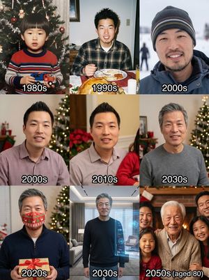 Generate the holiday photo of this person through the ages up to 80 years old

Author: Min Choi
Source: https://x.com/minchoi/status/1991...