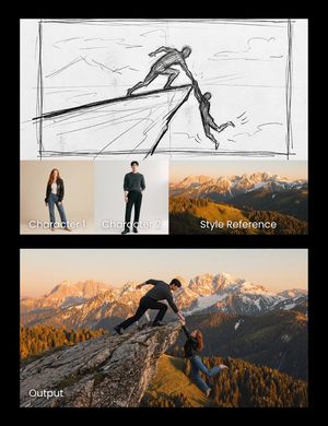 Realistic cliff rescue, use man photo as hero, woman photo as one slipping, match sketch side pose and composition precisely, mountain ph...