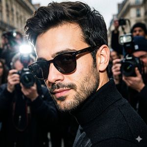 Unplanned paparazzi style portrait, an intense, close-up moment capturing a man with striking features as he looks over his shoulder with...