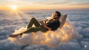 the person from the reference photo ( keep the face of the person 100% accurate from the reference image ) relaxing on a fluffy, glowing ...