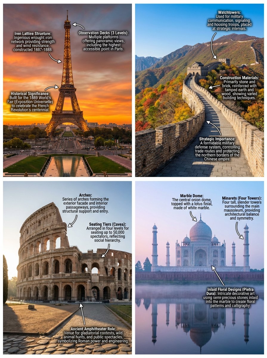 Annotated landmark images of Eiffel Tower, Great Wall, Colosseum, Taj Mahal - Image 1